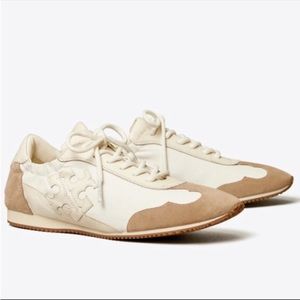 Tory Burch Leather Suede Logo Lace Up Sneakers White Tan 9.5 NWT